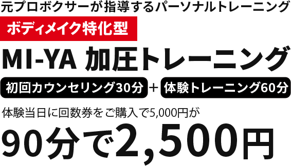 元プロボクサーが指導するパーソナルトレーニング 新しい形の加圧トレーニング MI-YA加圧トレーニング 初回カウンセリング30分+体験トレーニング60分 体験当日に回数券をご購入で5,000円が90分で2,500円